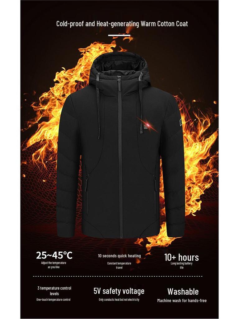 Men's USB Heated Slim Fit Cotton Jacket, Korean Style, Hooded, Zone 5 Smart Heating, Padded, Warm Outerwear.