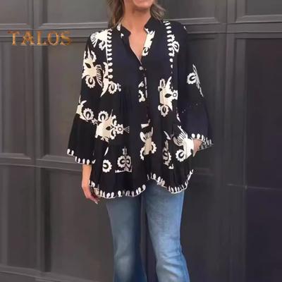 Women Shirt V-Neck Flared Long Sleeve Shirt Tops with Ruffled Panels Single-Breasted Design Printing Shirt