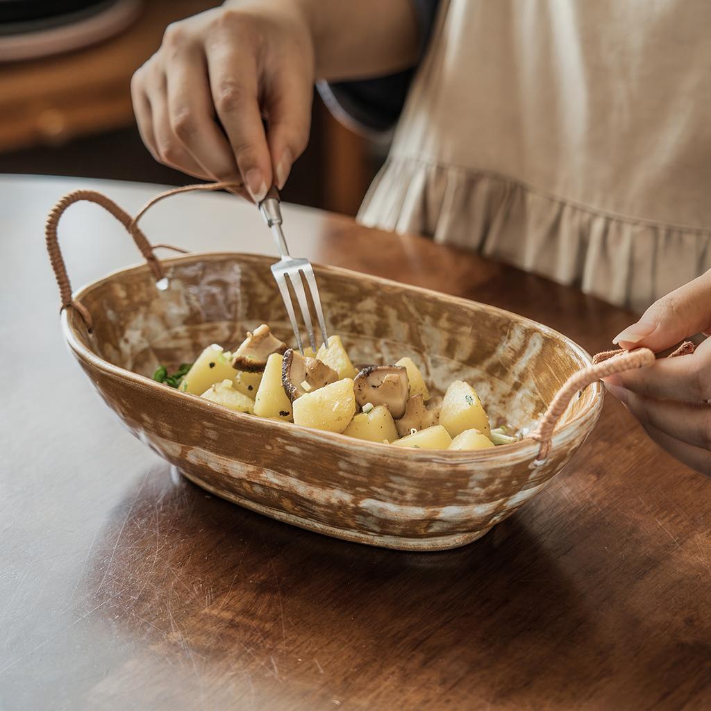 Retro Style Handmade Coarse Pottery Rope Woven Binaural Bowl Japanese Ceramic Oval Bowl Household Tableware Vegetable Bowl Fruit Salad Bowl