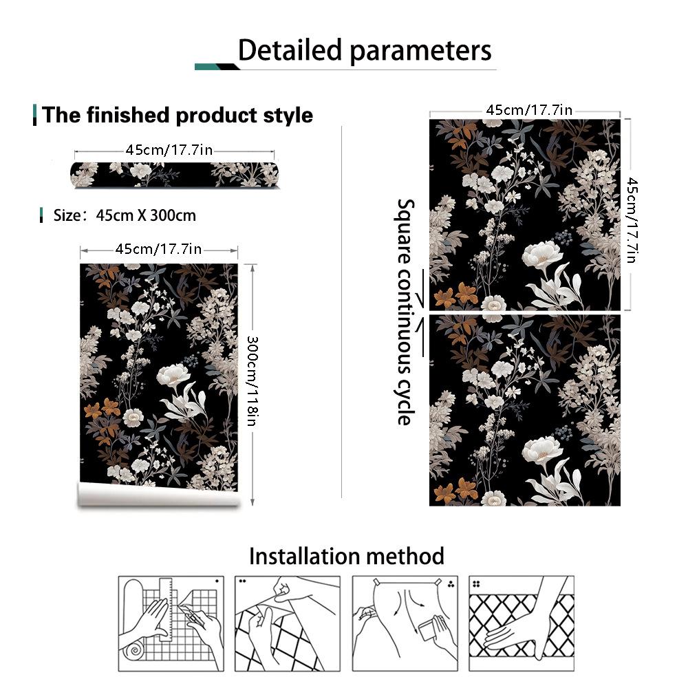 Black Floral Wallpaper Peel and Stick Contact Paper Waterproof Self-Adhesive Vinyl Wrap for Bedroom  Bathroom Cabinets Decor