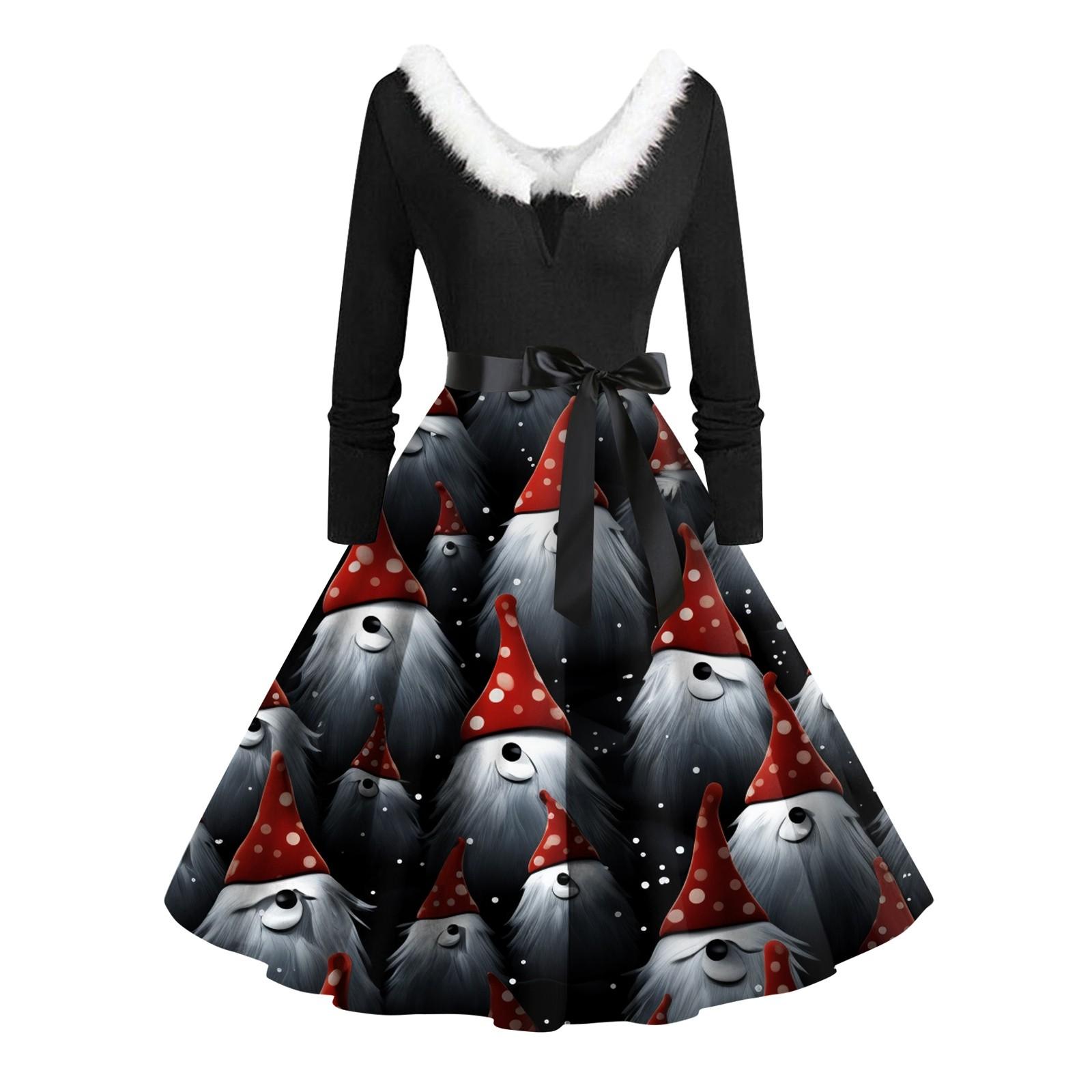 

Женское винтажное платье с длинным рукавом и рождественским принтом в стиле 1950-х годов для вечеринки, выпускного вечера, для домохозяйки L чёрный