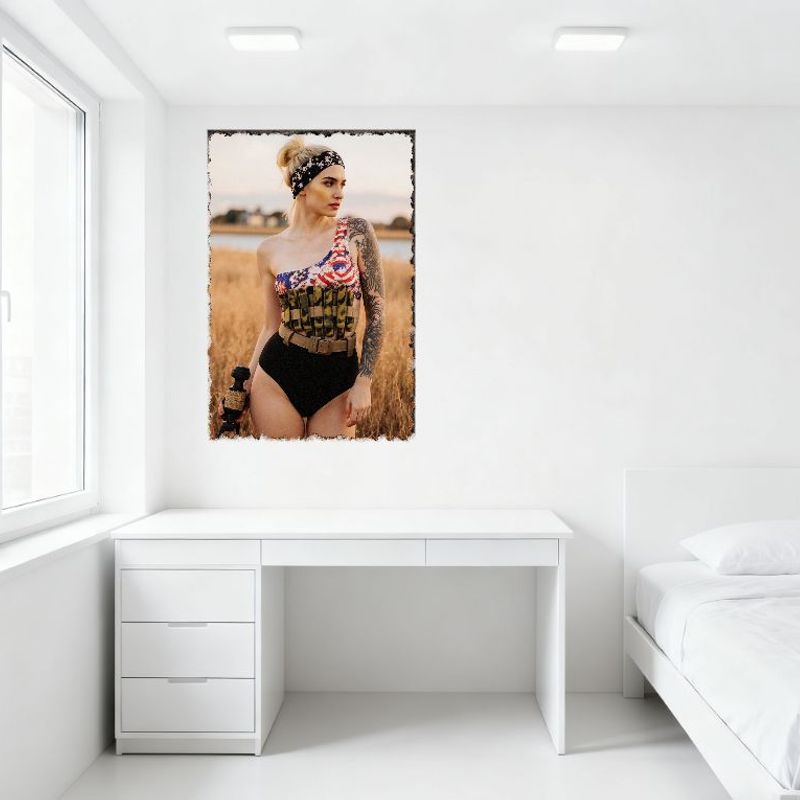 Sexy Blonde Bun Woman In Flag Camo Swimsuit Tin Sign, Vintage Metal Poster for Home Bar Pub Wall Decor, 8x12 Inch