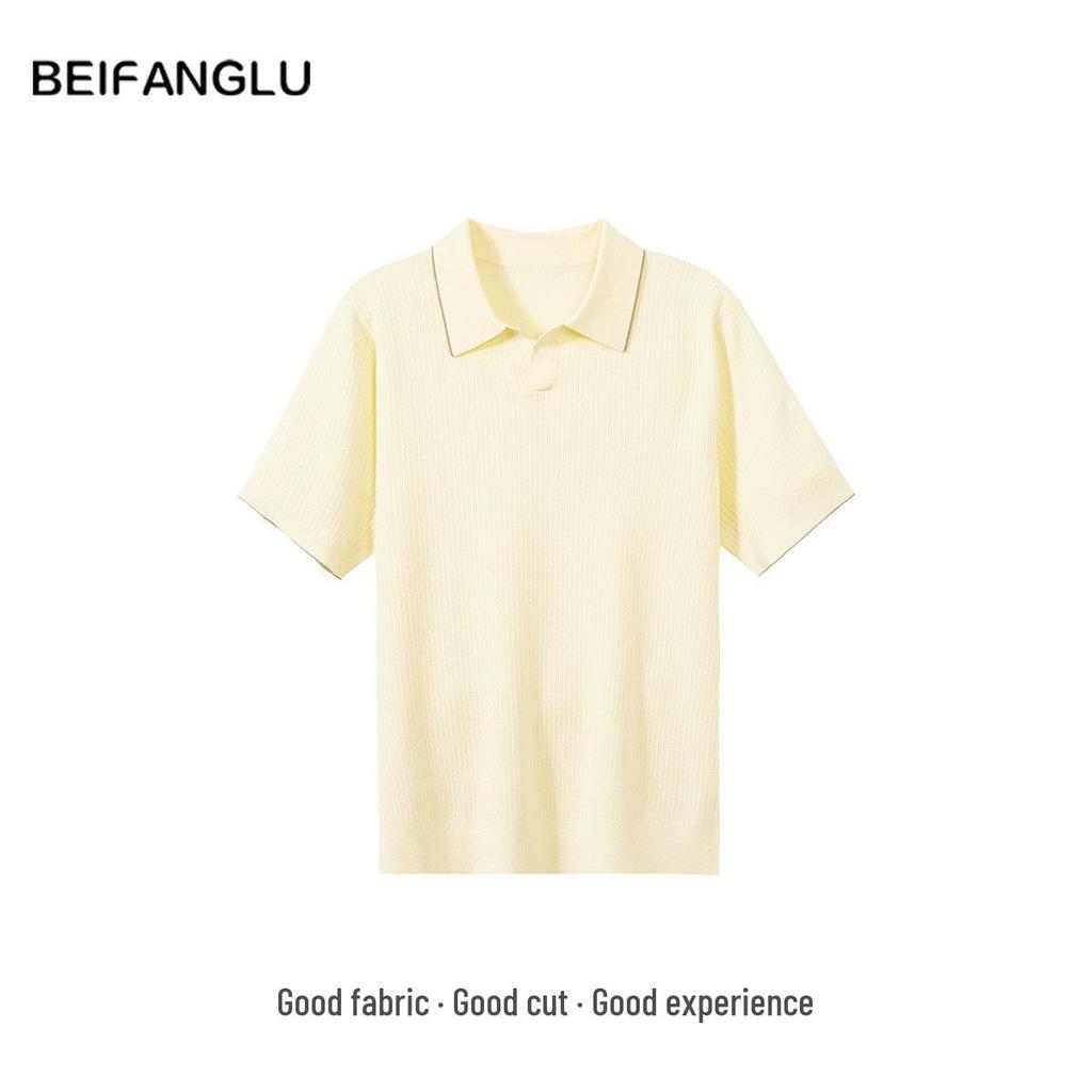 Northern Deer Cool Seagull Collar Men's Jacquard Knit T-Shirt, Summer Business Casual Short Sleeve