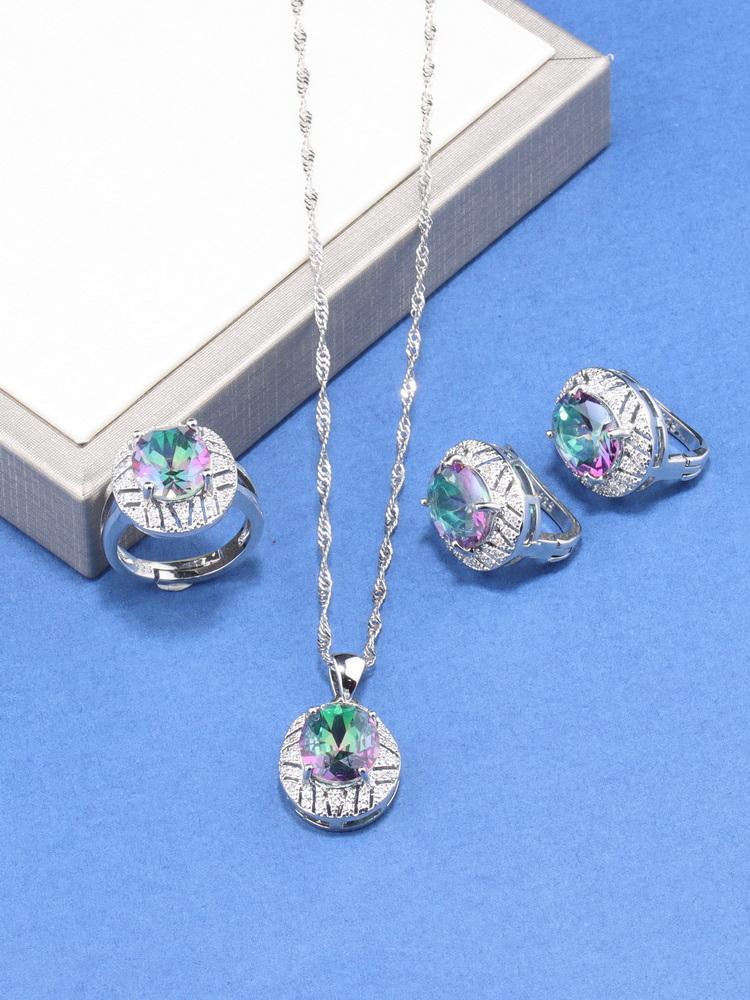Braut Hochzeit Große Schmuckaccessoires Mit Natürlichem Zirkonia Blau Hängeclip-Ohrringe Und Ring-Set Für Frauen Geschenk