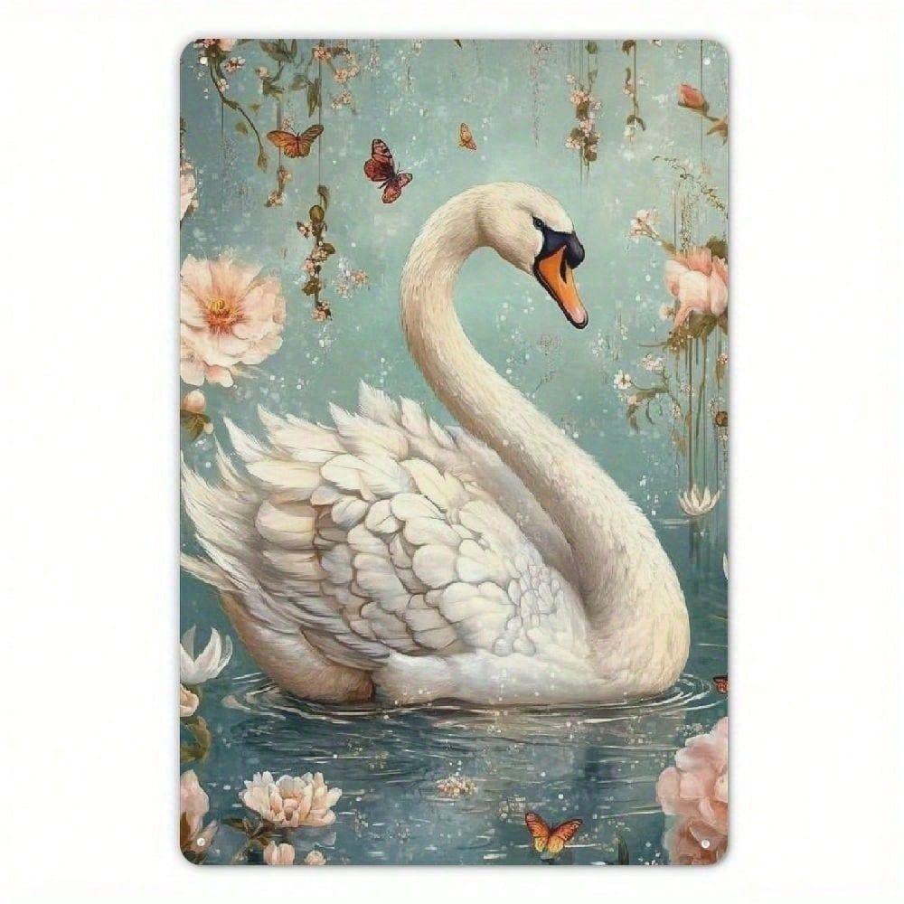 Vintage Swan Metal Tin Sign 8x12, Elegant Floral Wall Art Waterproof Iron Plaque Decor Living Room Bedroom Garden