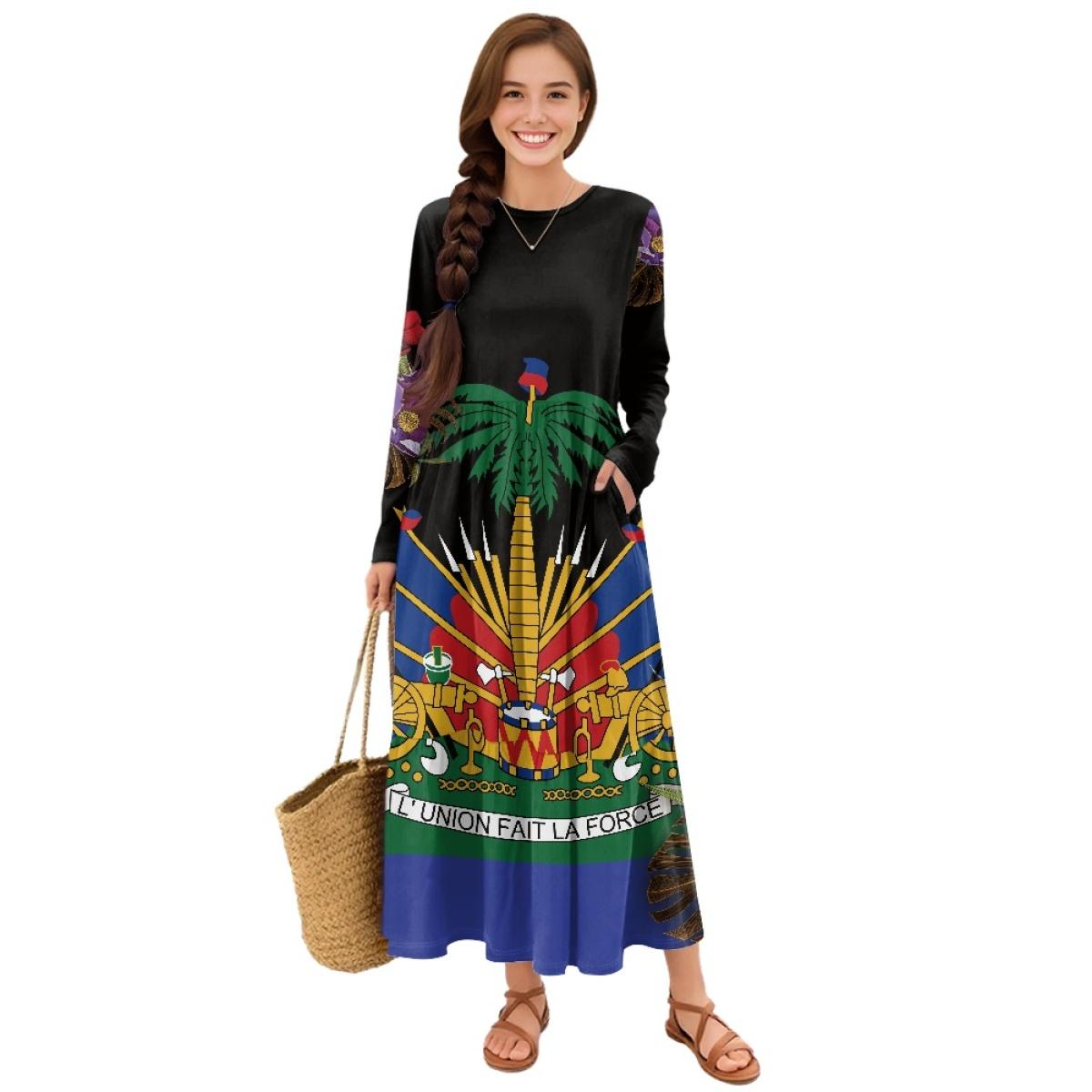 Women Long Sleeve Patchwork Hem Dress Casual Loose Fit Soft Midi Dress S