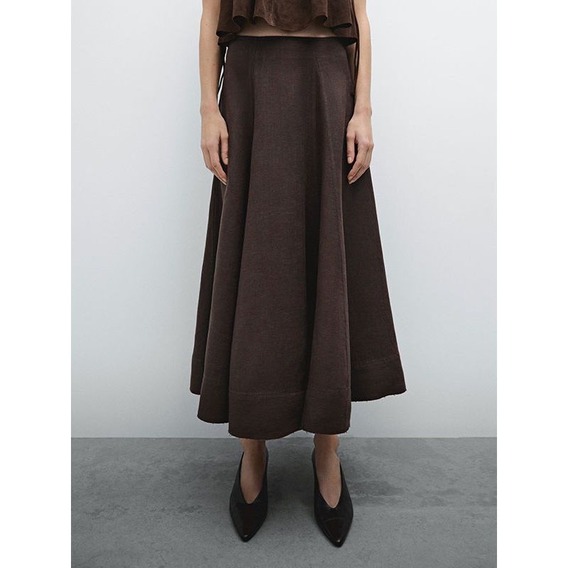 MD Women clothes French style Vacation Wave Style Retro Brown Texture Linen Umbrella Skirt Women's Skirt 05236586717