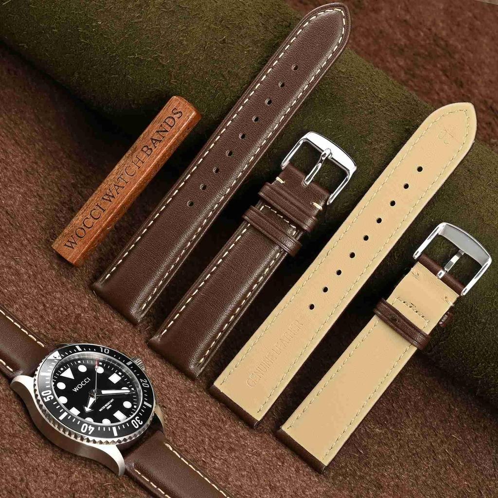 WOCCI 20mm Watch Strap, Vintage Genuine Leather Watch Band (Dark Brown with Contrast Stitching), Includes Adjustment Tool and Spring Bars