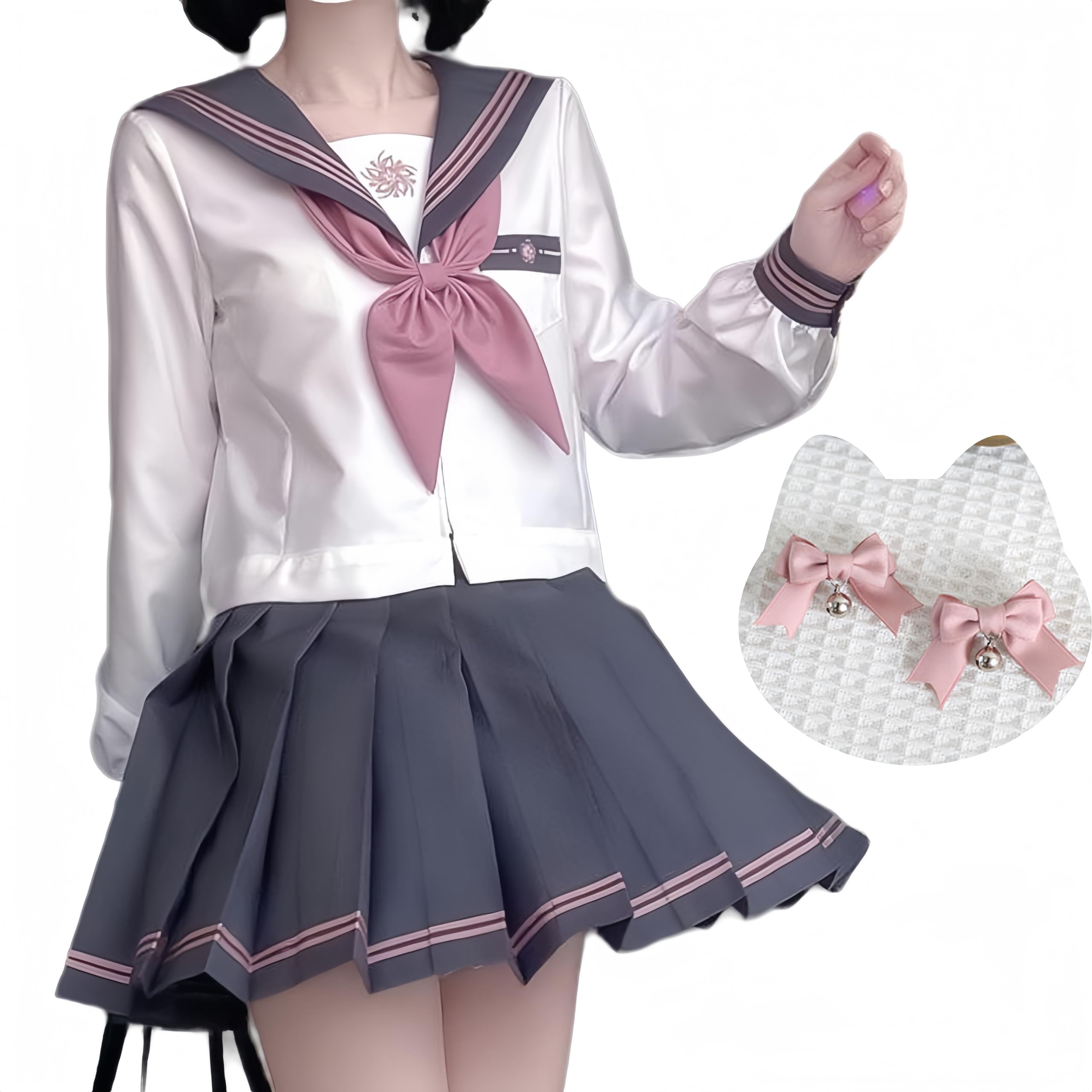 

Sailor Long Sleeve and Short Hair High School Top and Bottom Embroidered Pleated Cosplay School Cultural Fancy Dress [Ligwon] Uniform, Sleeve, Pink,