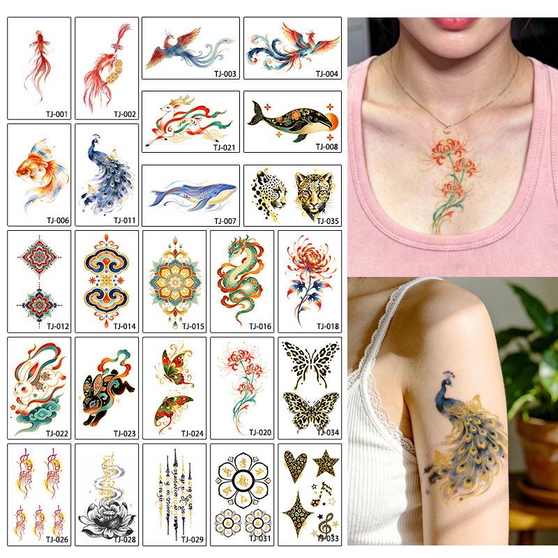Chinese Style Waterproof Phoenix & Koi Tattoo Sticker - Long-lasting, Aesthetic Dunhuang Design for Arm & Collarbone