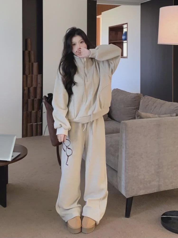 Koreanischer Damen-Freizeitanzug: Verdickter lockerer Mantel & Hochtaillierte weite Mopping-Hose – Perfekt für Frühling & Herbst.