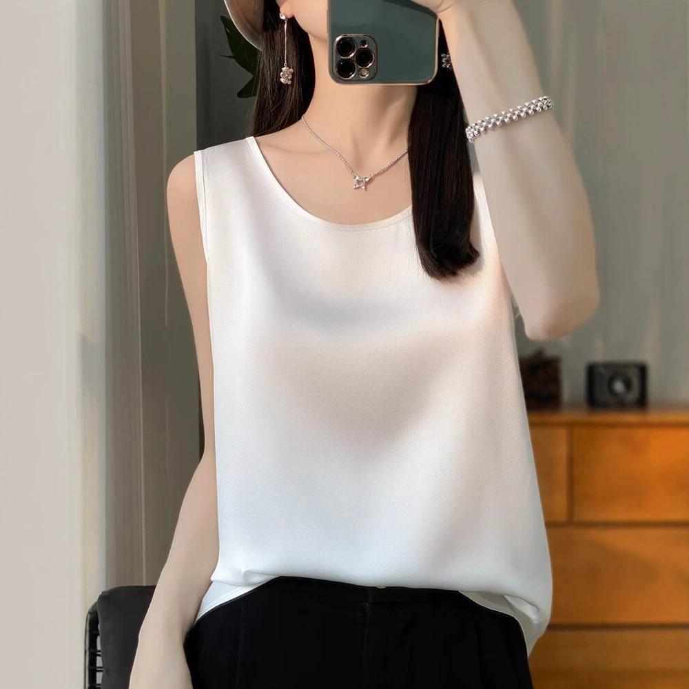 Summer new temperament sleeveless vest women's outer wear fashion round neck foreign style versatile acetic acid satin top A