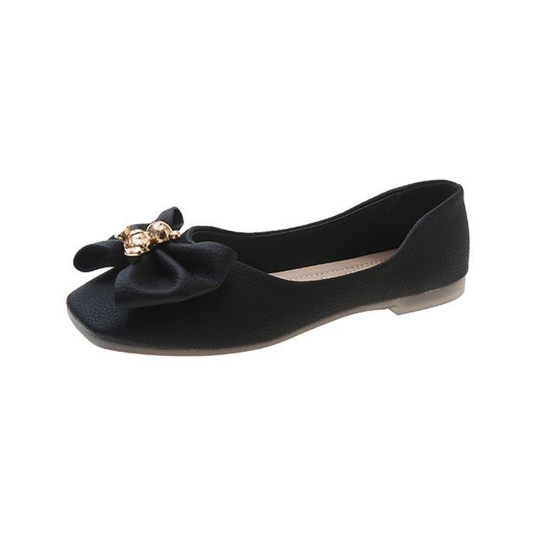 Summer New Square Head Shallow Mouth Shoes Bow Bear Metal Buckle Soft Sole Shoes Flat Shoes
