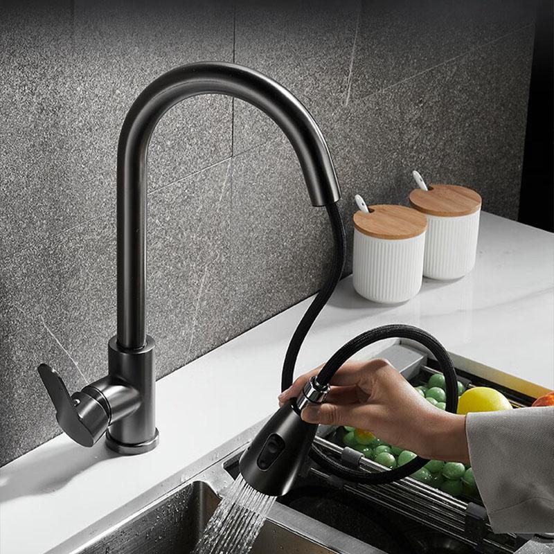 Brushed Pull Out Kitchen Sink Faucet Flexible 2 Modes Stream & Sprayer Nozzle Faucets Stainless Steel Hot Cold Wate Mixer Tap