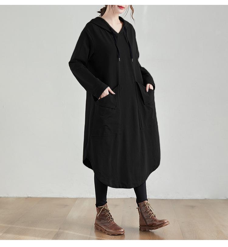 2025 autumn new large size loose medium and long sweater skirt women's big pocket solid color hooded dress