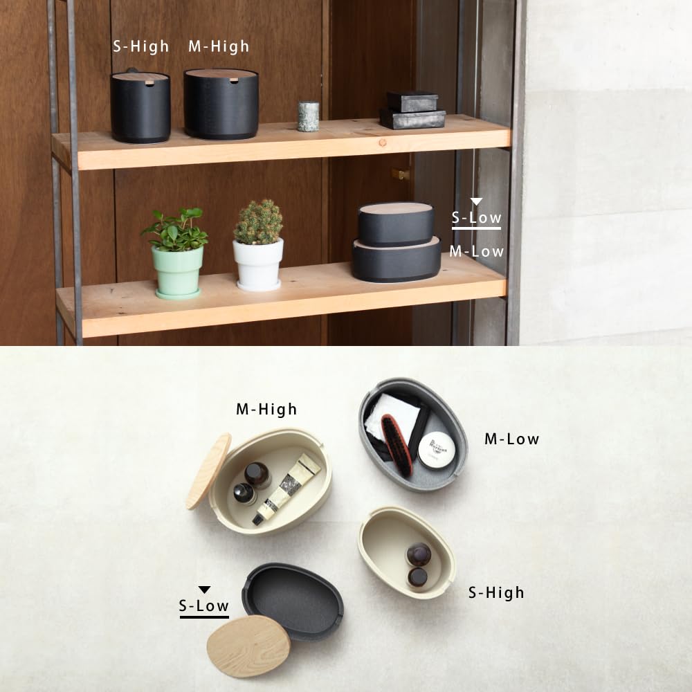 ideaco (Ideaco) Small Tabletop Storage Box with Lid, 18cm (W) X 12cm (D) X 8cm (H), Oval Box S Low, Stone Sand Black
