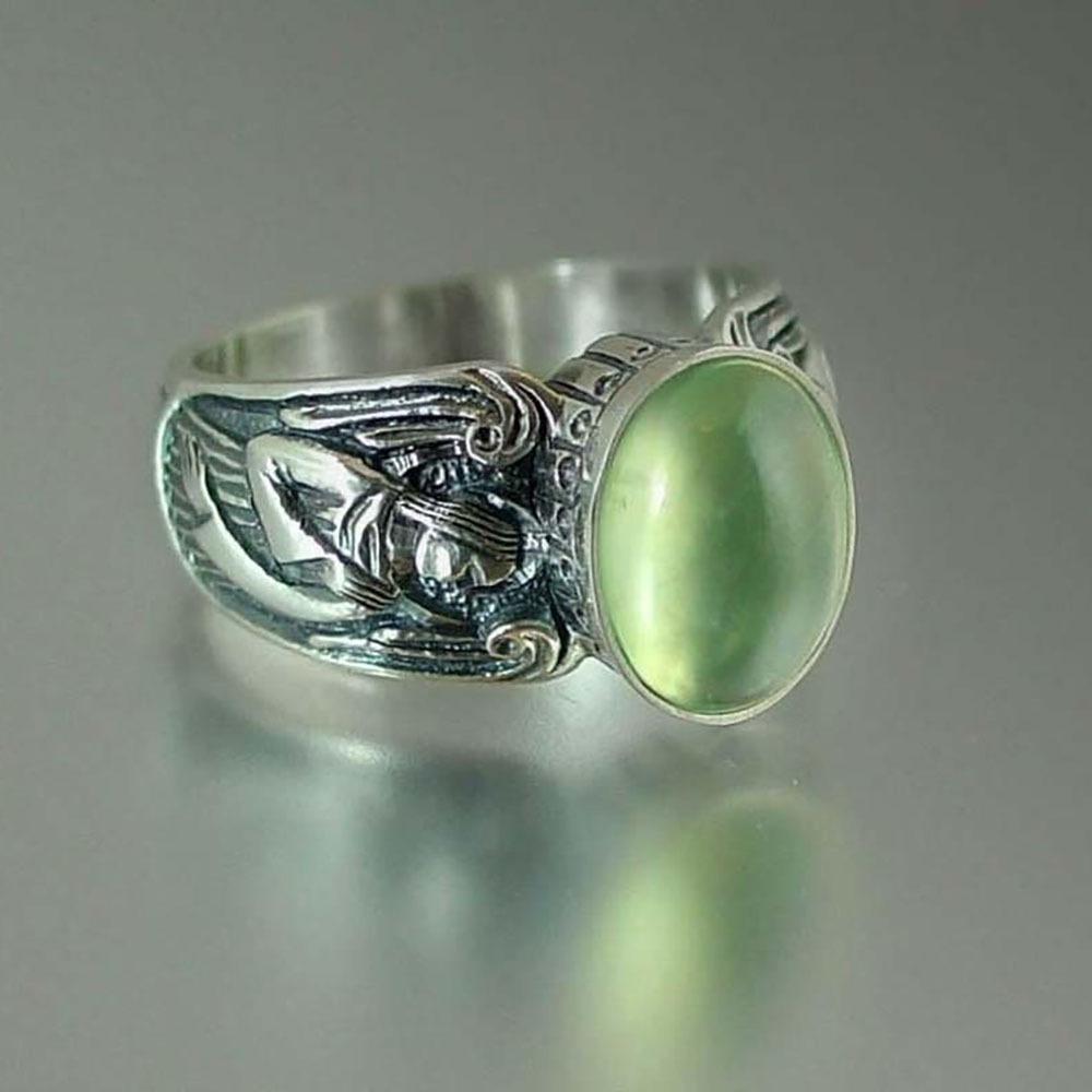 European and American Rings Retro Human Head Shape Light Green Moonstone Popular Ring Jewelry