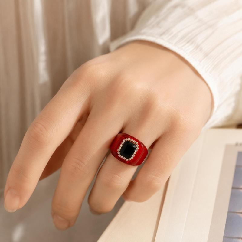 See-Through Resin Fashion Ring with Bold Square Profile, Raised Faceted Centerpiece and Accent Border for Outfit Styling