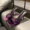 Fashion Purple Satin Rhinestone One-Strap Sandals for Women 2025 Summer New Bow Open-Toe Thin High-Heeled Slippers Casual Fashion Slides