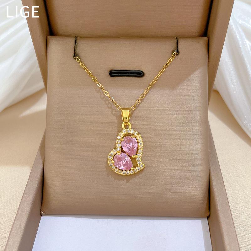 Irregular Pink Love Light Luxury Temperament Gorgeous Full Diamond Necklace Female Versatile Collarbone Chain Titanium Steel Chain