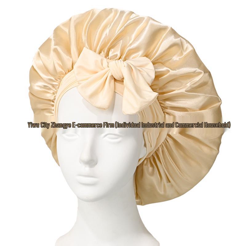 Satin Ribbon Round Silk Sleep Cap with Bowknot: Wide Brim Hair Care and Bath Hat