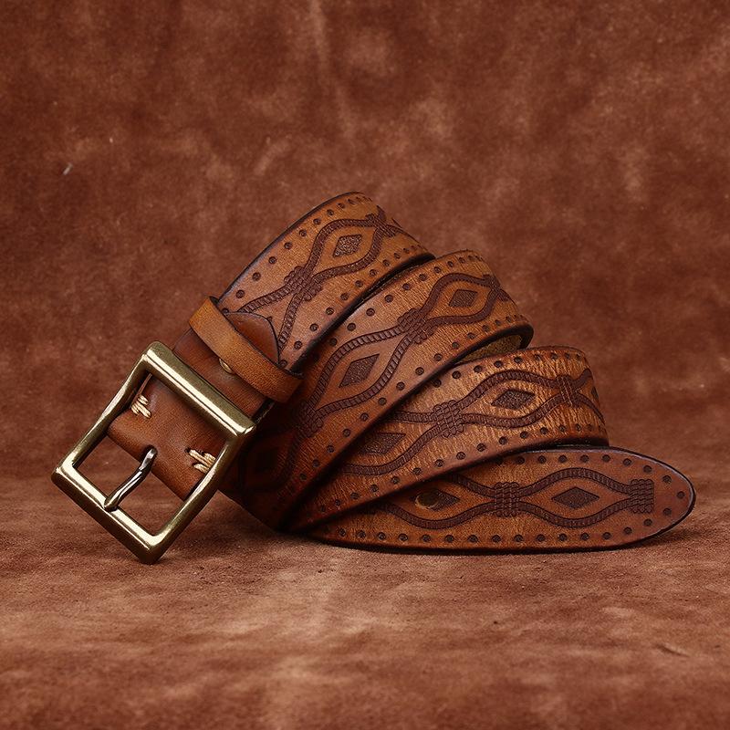 Retro Personality Trend Embossed Thickened First Layer Cowhide Belt Men'S Genuine Leather Copper Buckle Casual Jeans Belt Men'S
