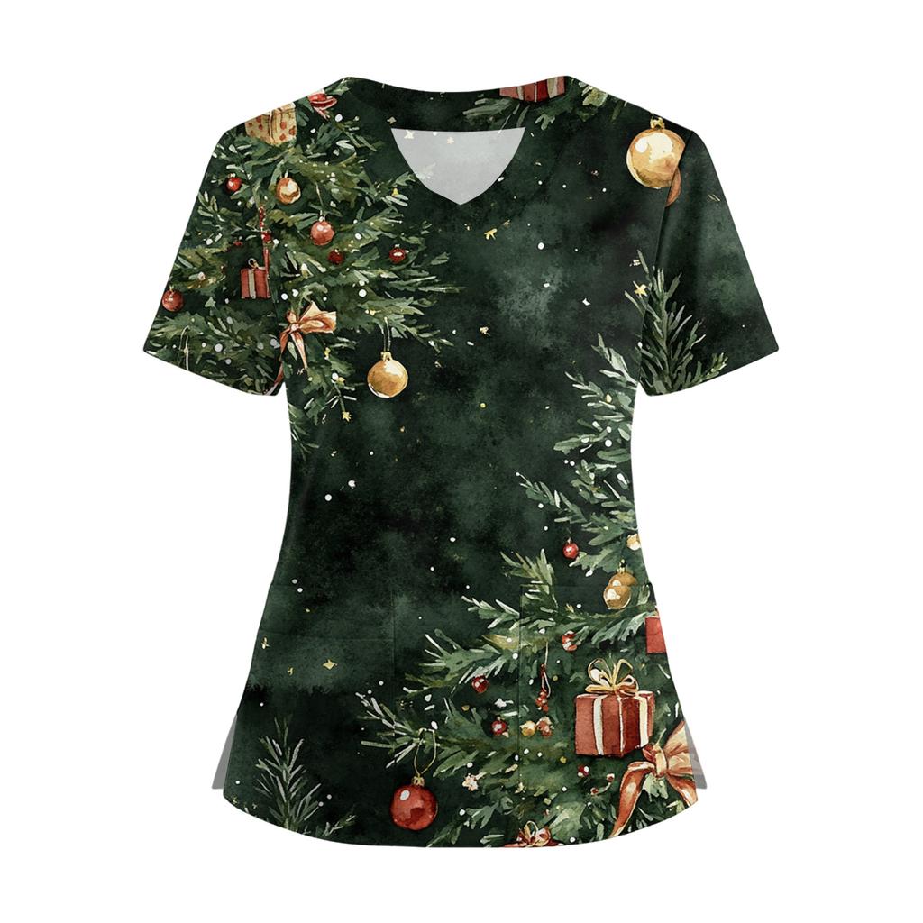 Women's Short Sleeved Christmas Printed V-neck Buttonable Side Slit Top T-shirt