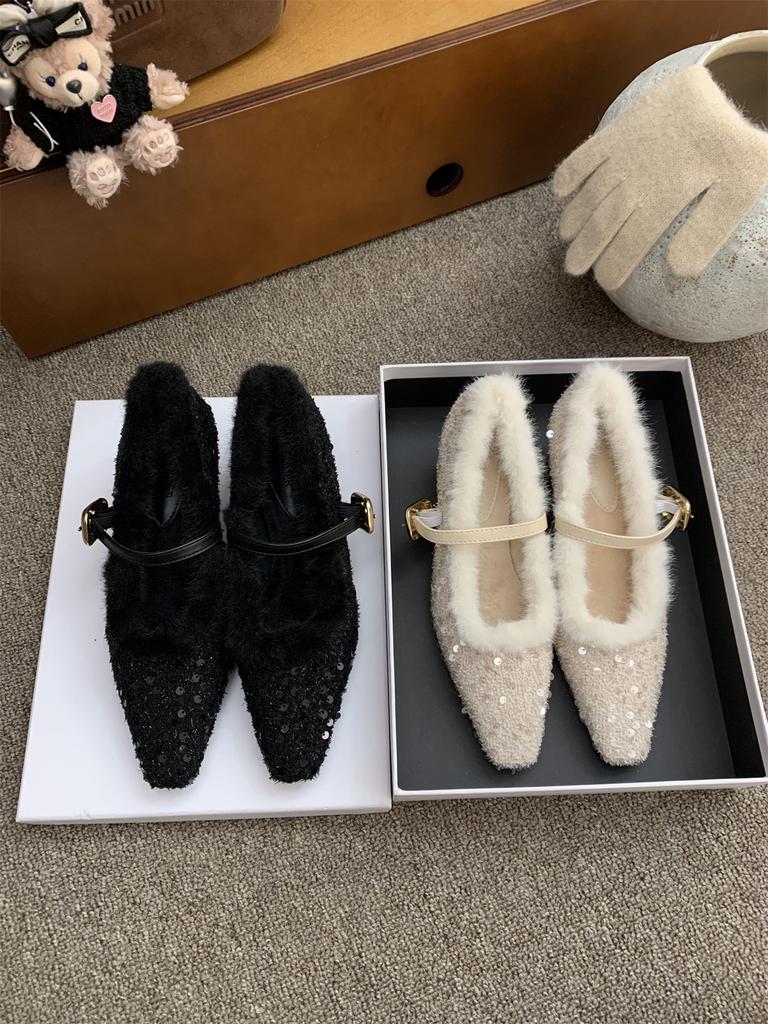 Fashion Fashion Sequin Bling Ladies High Heels Elegant Pointed Toe Thin Heel Mules Women Warm Fur Pumps French Elegant Dress Boat Shoes