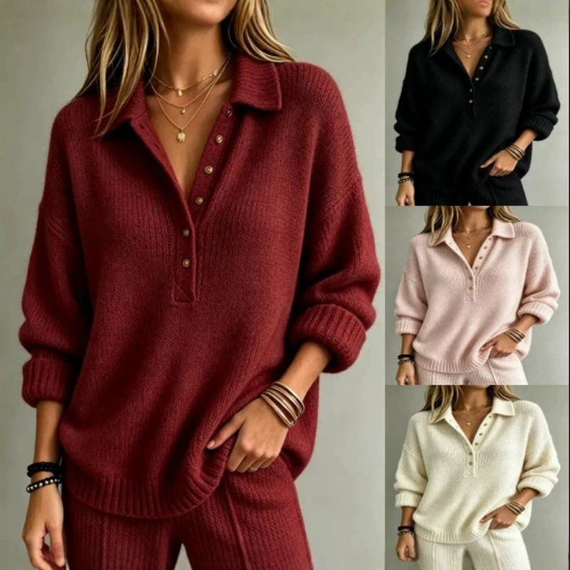 Women's Polo Collar Button Neck Knit Sweater Long Sleeve Loose Pullover Solid Color Casual Autumn Winter Top