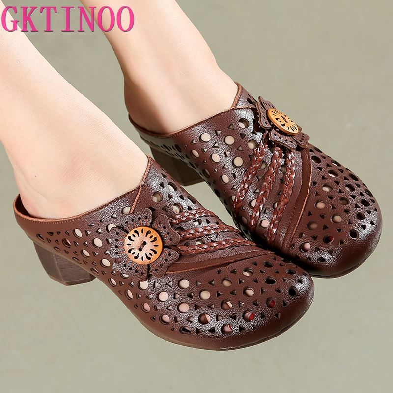 Fashion GKTINOO Handmade Women Slippers Genuine Leather Women Shoes 2024 New Summer Slides Hollow Out Retro Leisure Ladies Slippers