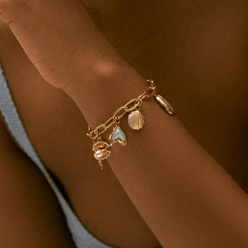 Stainless Steel Starfish Shell Mermaid Tail Chain Bracelet Women Y2K Handmade Metal Ocean Style Pendant Bracelet Luxury Jewelry