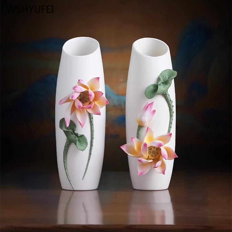 Home Decoration Accessories Ceramic Lotus Vase Desktop Ornaments Living Room Flower Arrangements Buddhist Enshrinement Vases