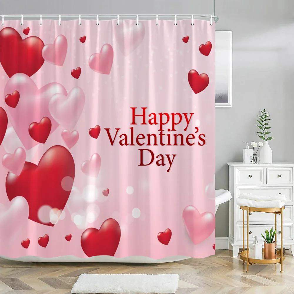 Valentine's Day Shower Curtain Love Tree with Elf Truck Romantic Pink Swing Balloon Love Polyester Printed Fabric Bathroom Decor