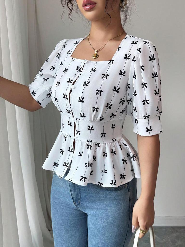 Summer European & American Style Square-Neck Peplum Cardigan Shirt - Women's Short-Sleeve