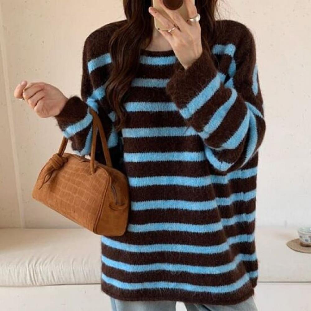 Navava Women Casual Stripe Color Block Round Neck Long Sleeve Knit Sweater Nk342