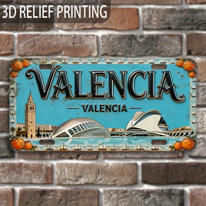 

Hisun Tin Sign HD Aluminum Metal Sign Valencia Spain Vintage License Plate Style Wall Decor Retro City Landmark Orange Fruit Design Tin Poste 15x30cm