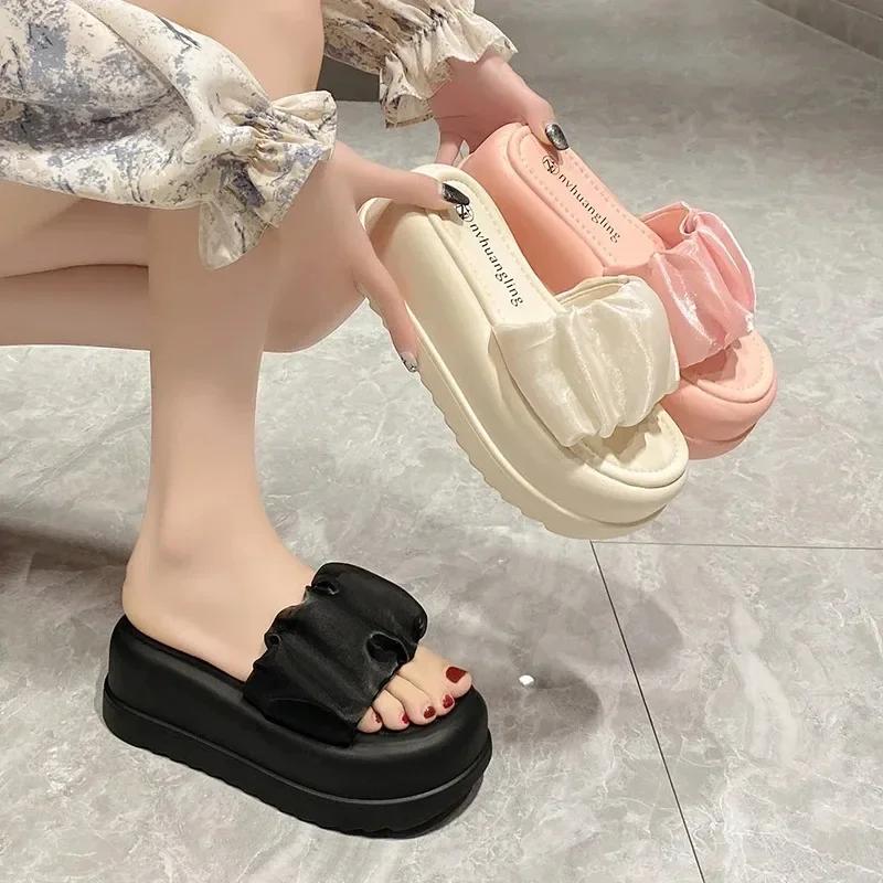 Summer Women Lace Chunky Slippers Beach Flip-Flops Wedge Heels Shoes Woman High Platform Slippers Outside Sandals 7CM Slides