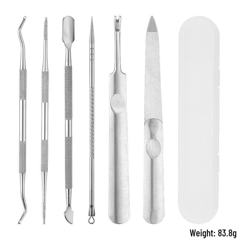 Stainless Steel Manicure & Pedicure Tool Set: Pusher, Blackhead Needle, Nail Cleaner & File