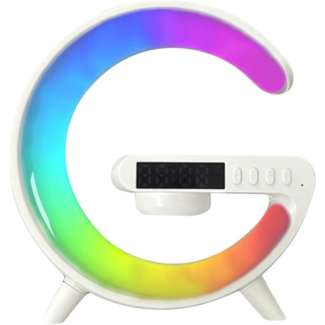 

Модернизированное зарядное устройство для беспроводной колонки, беспроводная зарядная станция мощностью 15 Вт, настольная лампа 4 в 1 в форме буквы G, будильник и динамик Bluetooth белый