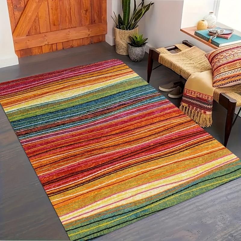 Non-Slip Floor Mat with Colorful Stripes Large Area Rug Waterproof Rug for Living Room Bedroom Kitchen Outdoor Decor Carpet