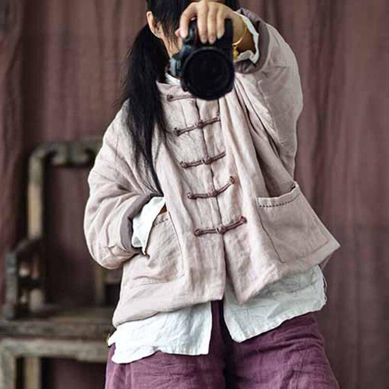 Johnature Frauen Vintage Leinen Parkas Taste Einfarbig Mäntel Winter Stand Plus Baumwolle Taschen Weibliche Chinesische Parkas