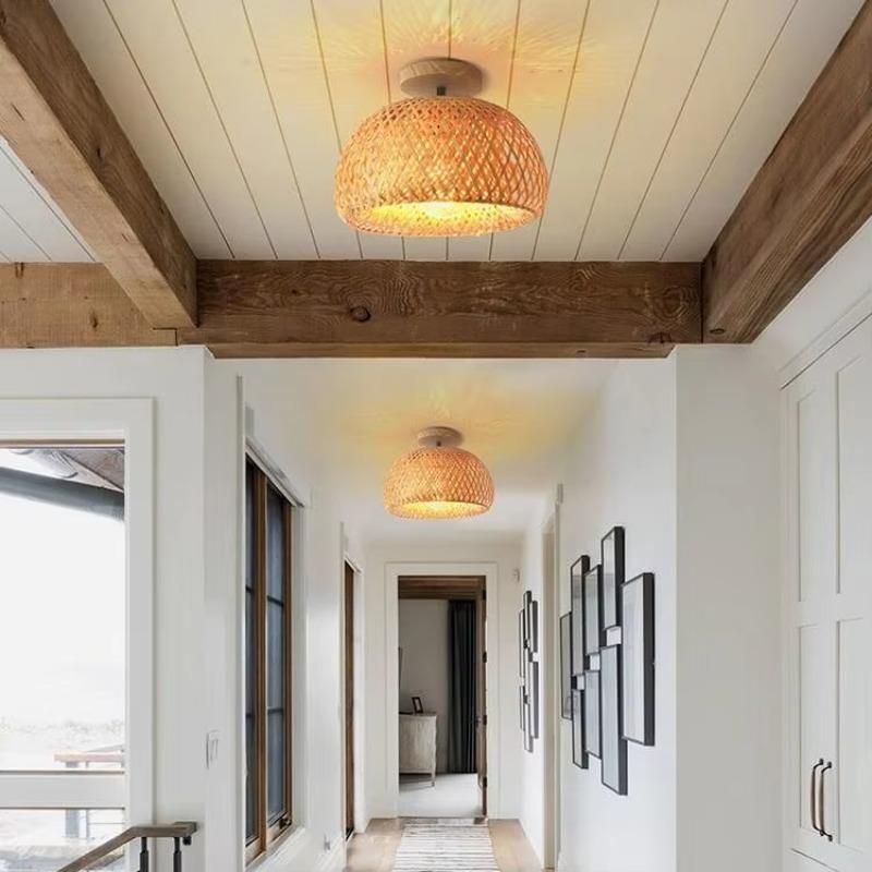 Vintage Bamboo E27 Retro Ceiling Light Hand Woven Bamboo Rattan Boho Light for Farmhouse Kitchen Island Dining Room Home Decor