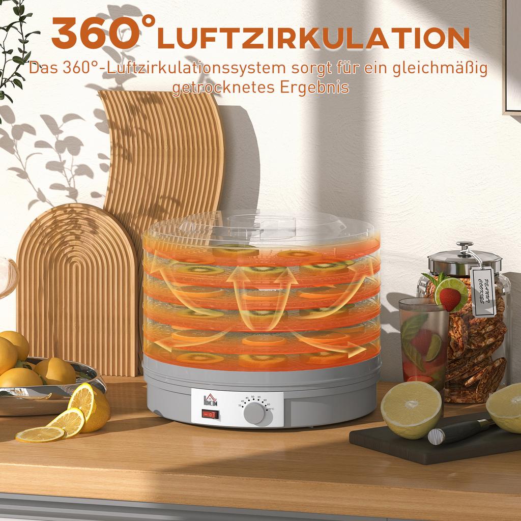 5-tier Food Dehydrator, 245W Dehydrator with Adjustable Temperature Control, Grey