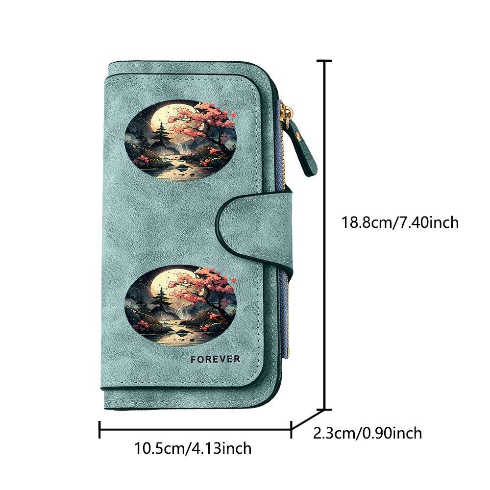 Fashionable Long Wallet with Cherry Blossom Streams Under Full Moon Print Design Eye Catching Multifunctional Portable with Secure Clasp for Daily