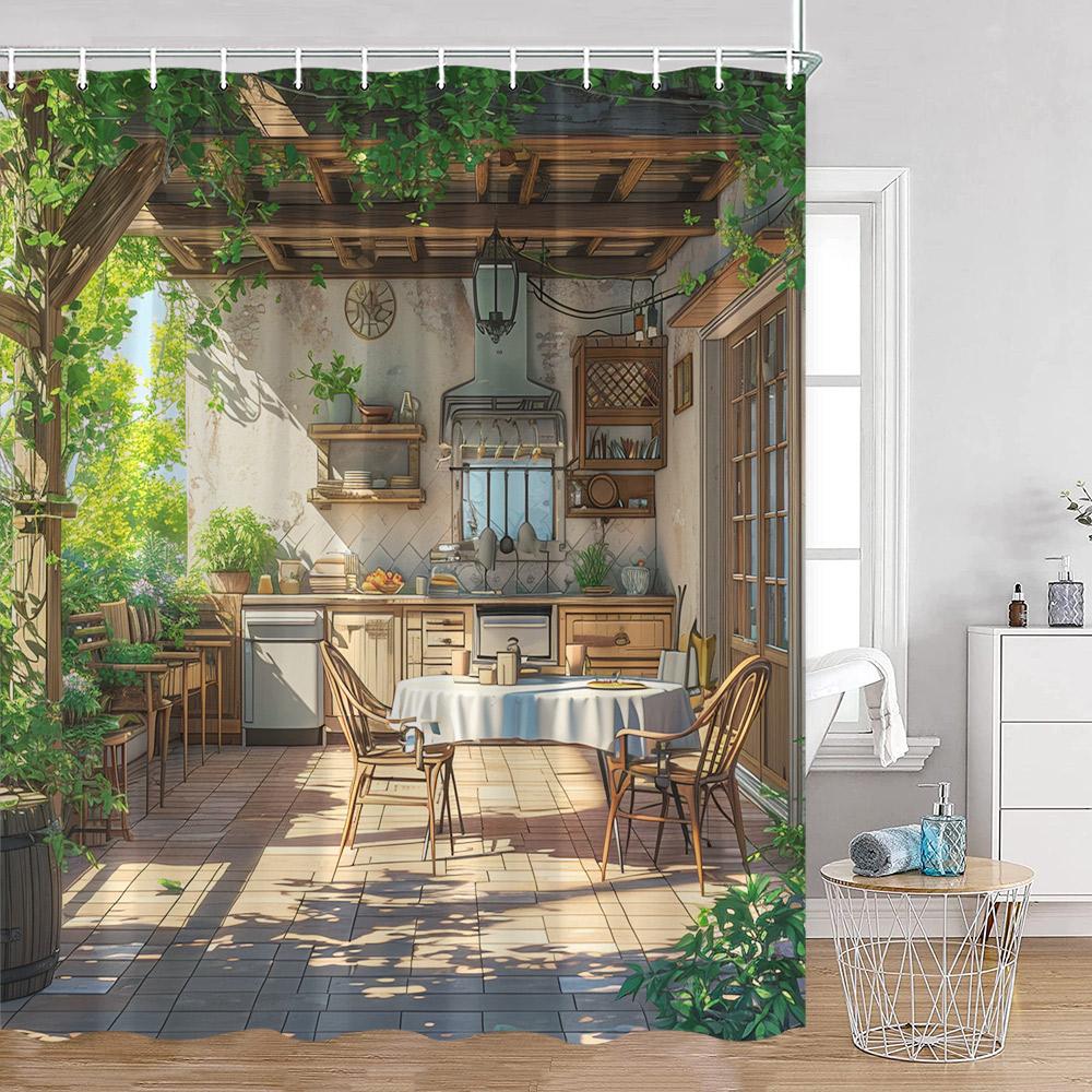 Hand-painted Street View Shower Curtains European Garden Cafe Green Plants Flowers Greenery Bathroom Decor Modern Bath Curtain