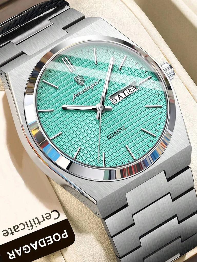 POEDAGAR Luxury Business Men's Quartz Watches Date Week Man Stainless Steel Watch Waterproof Luminous Fashion Wristwatch+Box