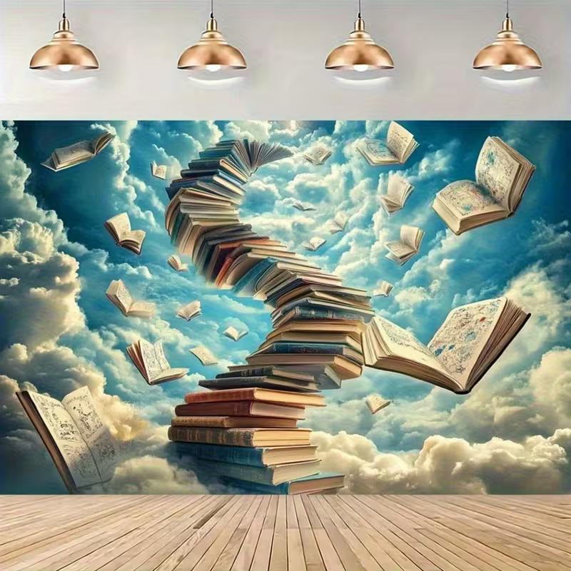 Enchanted Library Background, Books Floating in the Sky 47.2x31.5inch/120*80cm