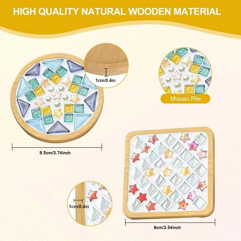 4pcs DIY Glass Mosaic Tiles for Crafts, Mixed Color Mosaic Kits with Wooden Coaster for Adults, Mosaic Crafts Materials