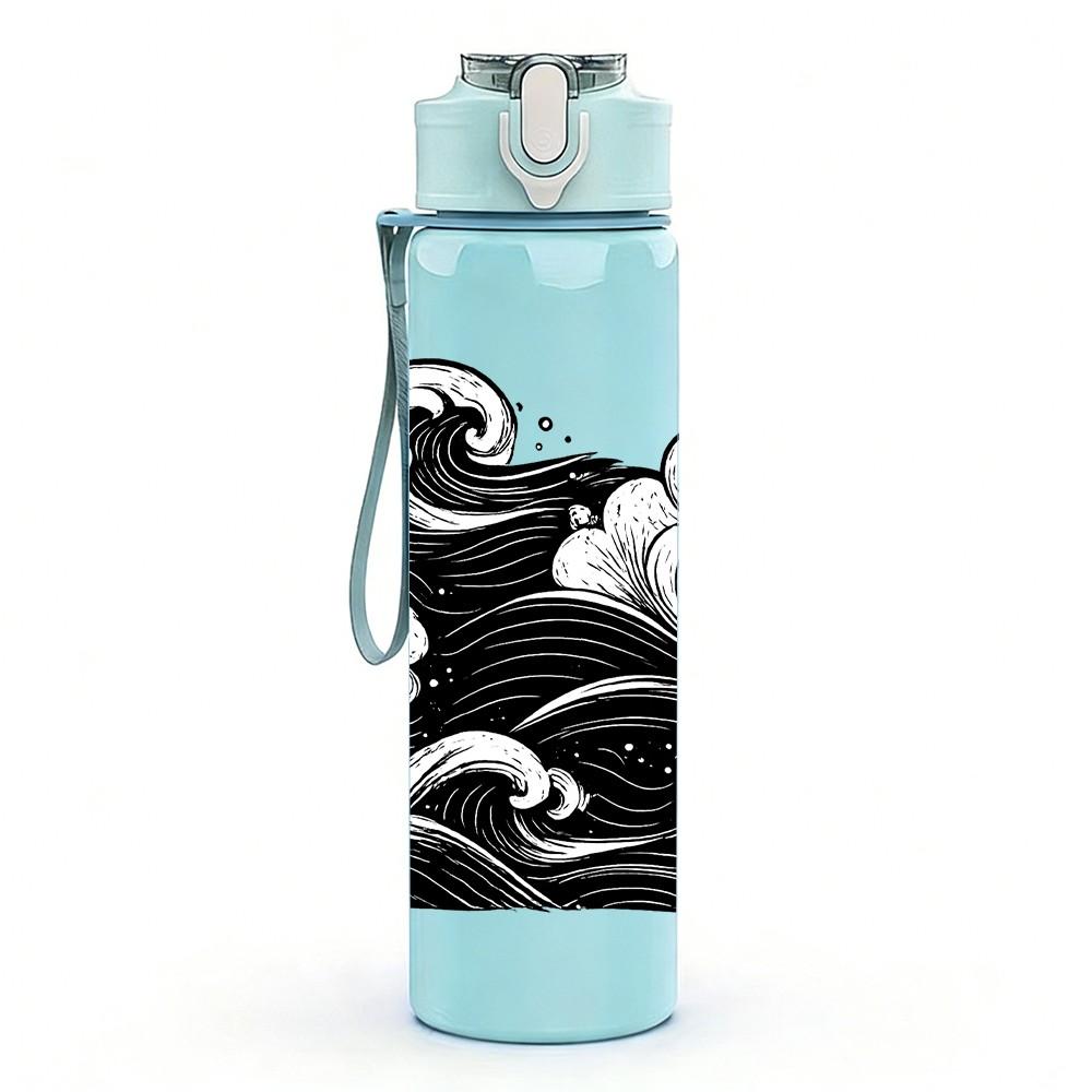 1PC Black White Ocean Wave Art Print 750ml Color Plastic Sports Water Bottle Leakproof Flip Straw Lid Suitable for Sports Office Home Use