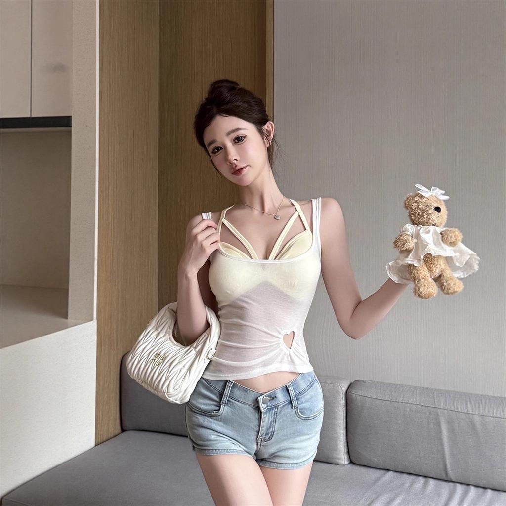 Two-piece set, hollow sling vest, women's summer design, slim-fitting short back-wrapped top